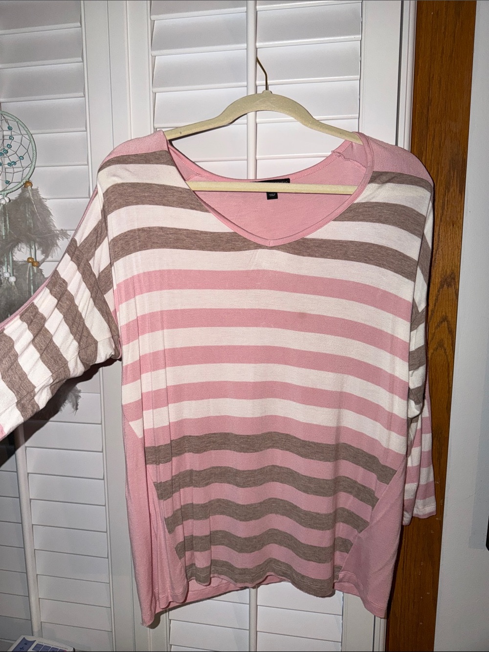 Signature Studio Pink, Taupe & Cream Striped V-Neck Long Sleeve Top